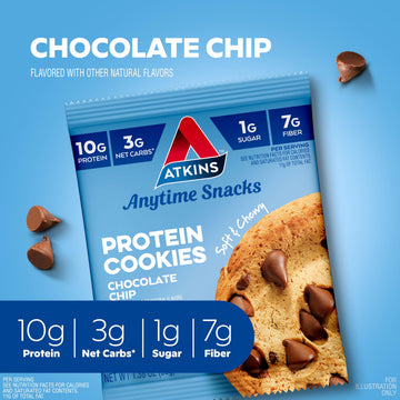 Atkins Chocolate Chip Protein Cookie, Protein Dessert, Rich in Fiber, 3g Net Carb, 1g Sugar, Keto Friendly, 4 Count