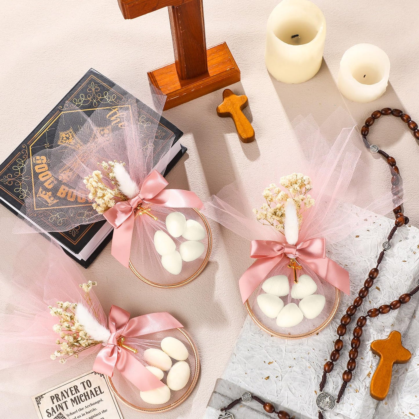 Geelin 24 Set Baptism Almond Candy Favors Christening Tulle Bags Rings Ribbion DIY Party Candy Bags First Communion Favors for G