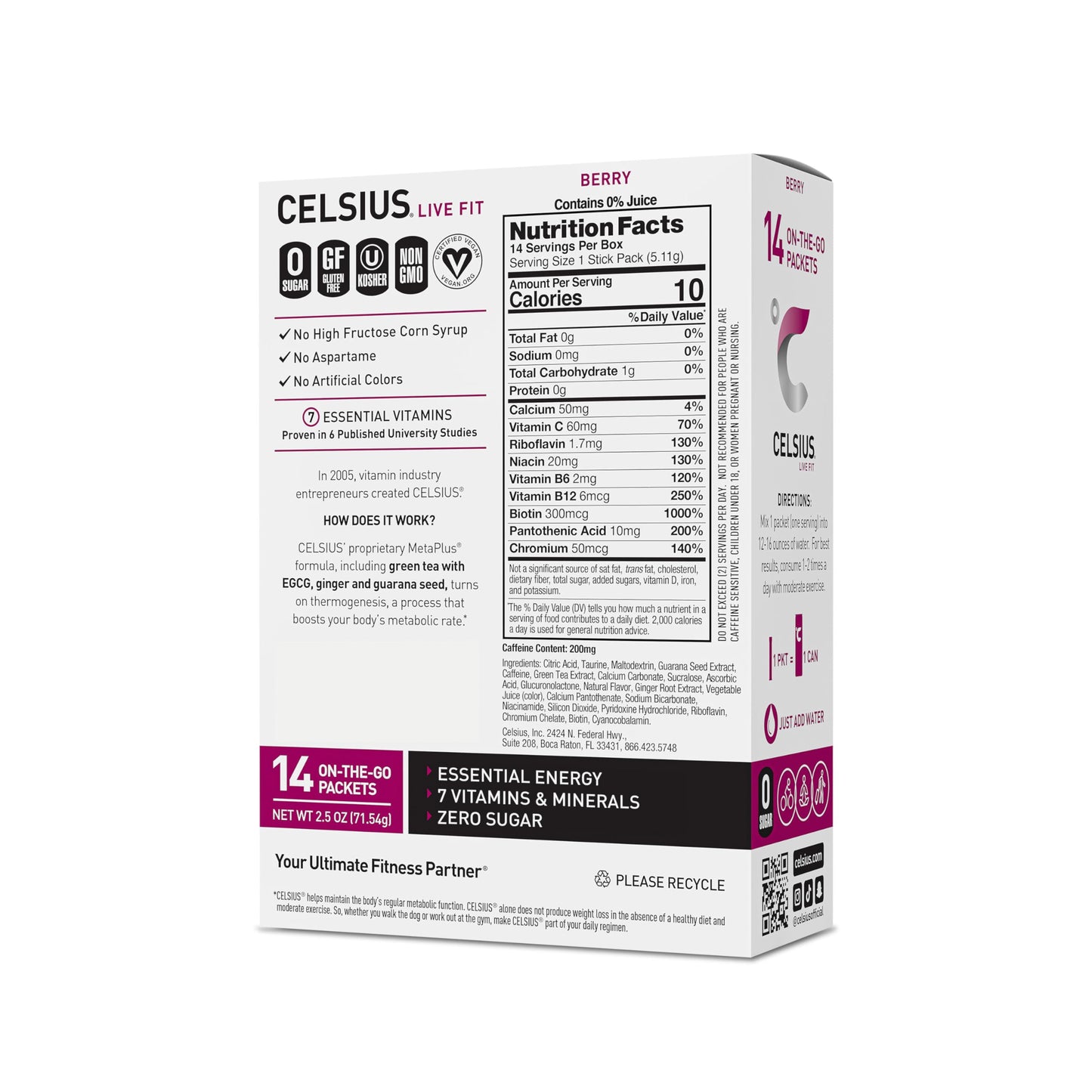 Celsius On-The-Go Powder Stick Packs, Zero Sugar (14 Sticks Per Pack), Berry, 2.5 Ounce, (Pack Of 14)