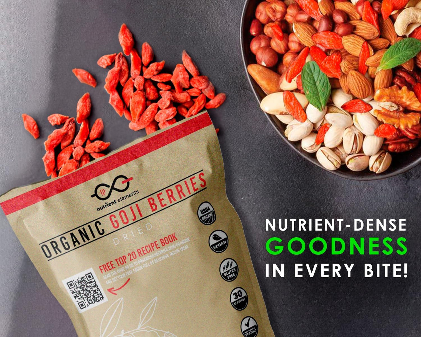 Nutrient Elements 32Oz Organic Raw Dried Goji Berries - Usda Certified, Non Gmo, Large Berries With Recipes E-Book
