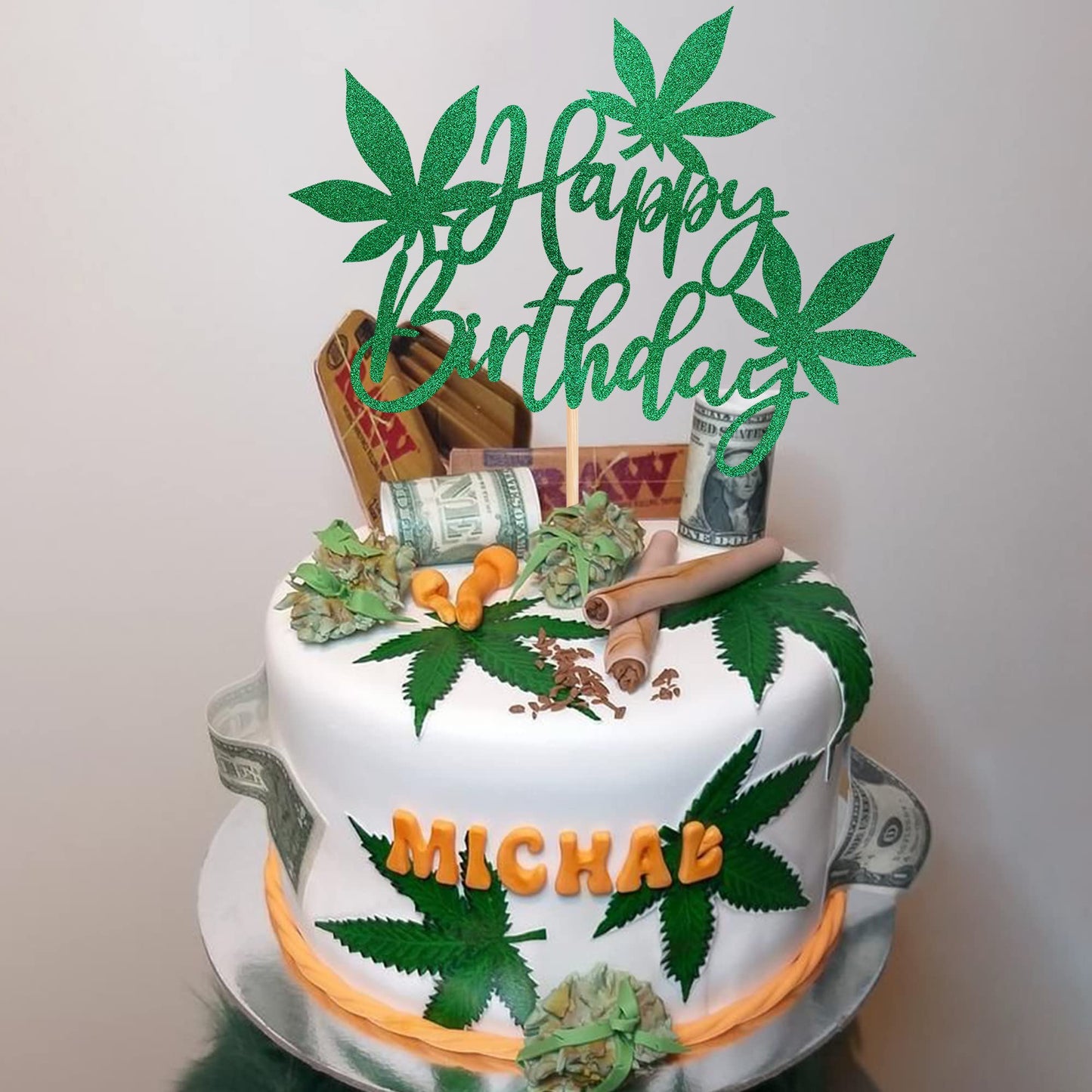 ZHUOWEISM Happy Birthday Cake Topper - Green Glitter Pot Leaves, Small, Design 5