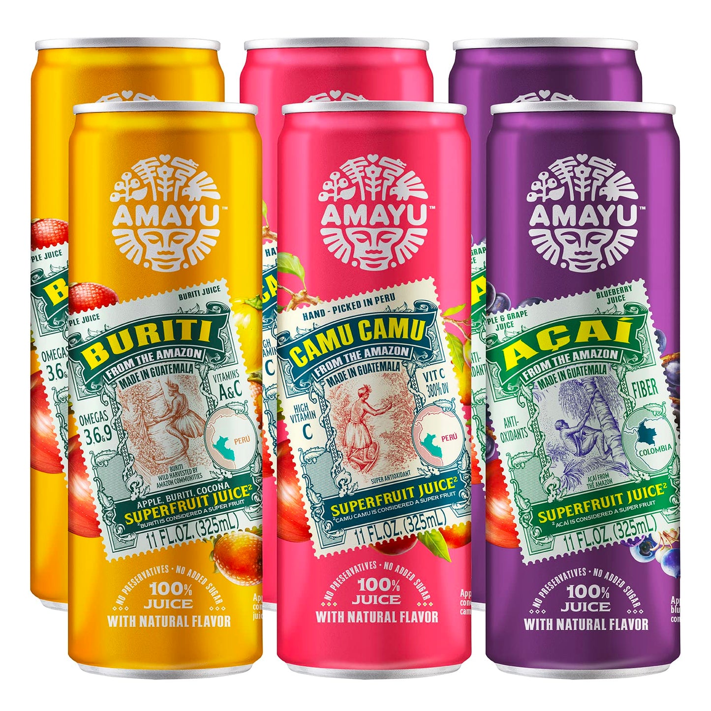 Amayu Exotic Super Fruit Juice | Variety Pack (Acai Buriti Camu Camu) | 100% Organic Juice From The Online Marketplace | No Sugar Added | Immune Support And Juice Cleanse | All-Natural Omega 3 | 11Oz (6-Pack)