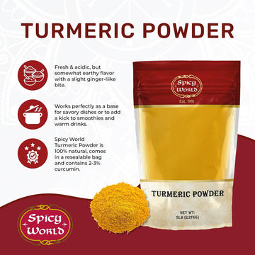 Spicy World Turmeric Powder 5 Pound Bulk Bag - Indian Turmeric Root Ground (Haldi) - Minimum Curcumin 2.5%