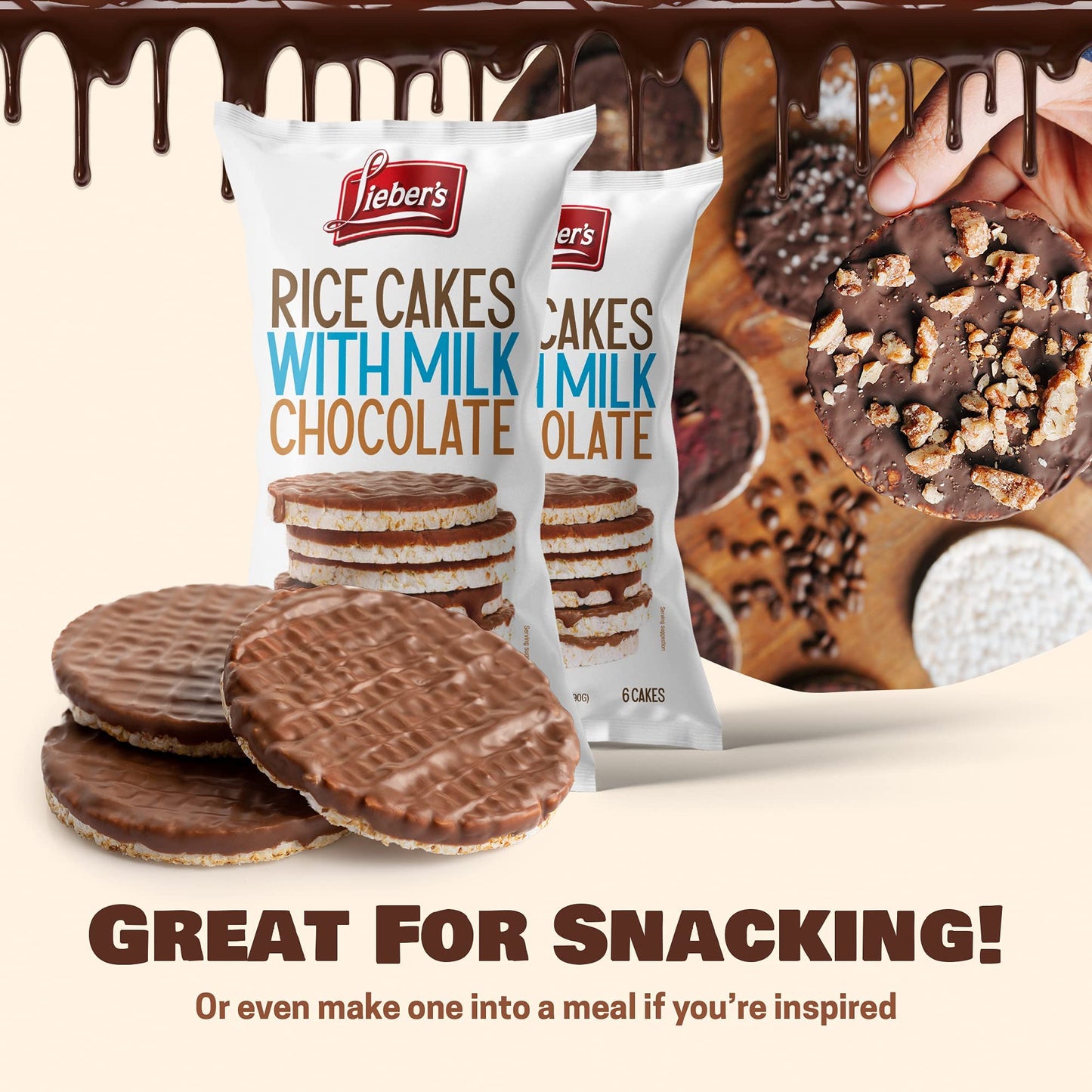 Liebers Milk Chocolate Rice Cakes, Kosher Certified Dairy, Gluten Free Snack (Pack Of 6) (Milk Chocolate)
