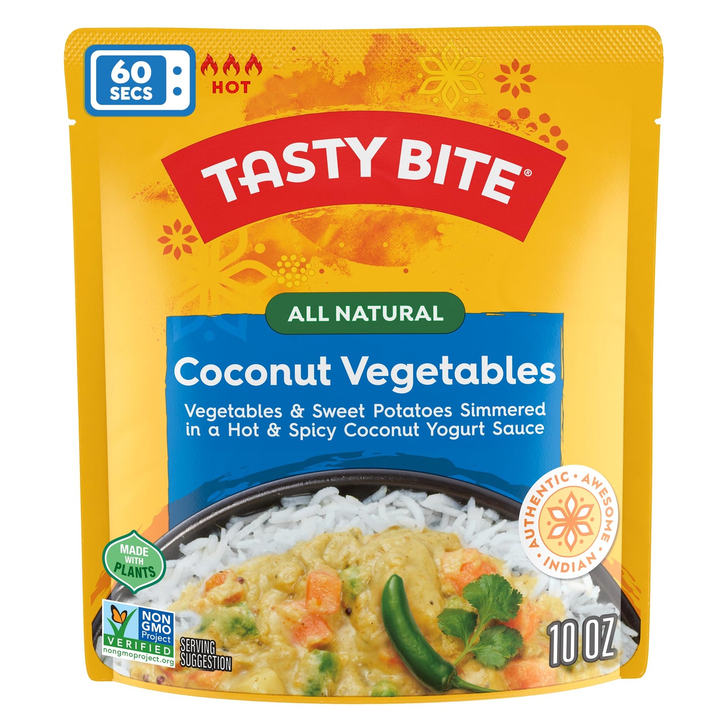 Tasty Bite Indian Hot and Spicy Coconut Vegetables, Microwaveable Ready to Eat Entr  e, 10 Ounce (Pack of 6)
