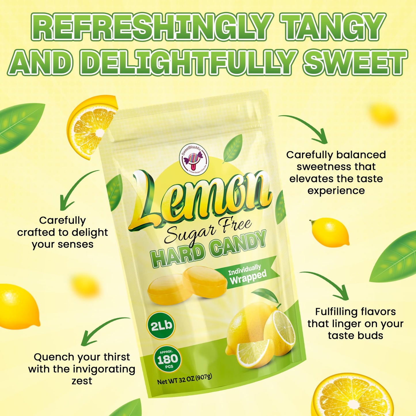 SweetBlissMix Sugar-Free Lemon Drops - Keto-Friendly, Diabetic Safe, 2lb Bulk Citrus Hard Candy