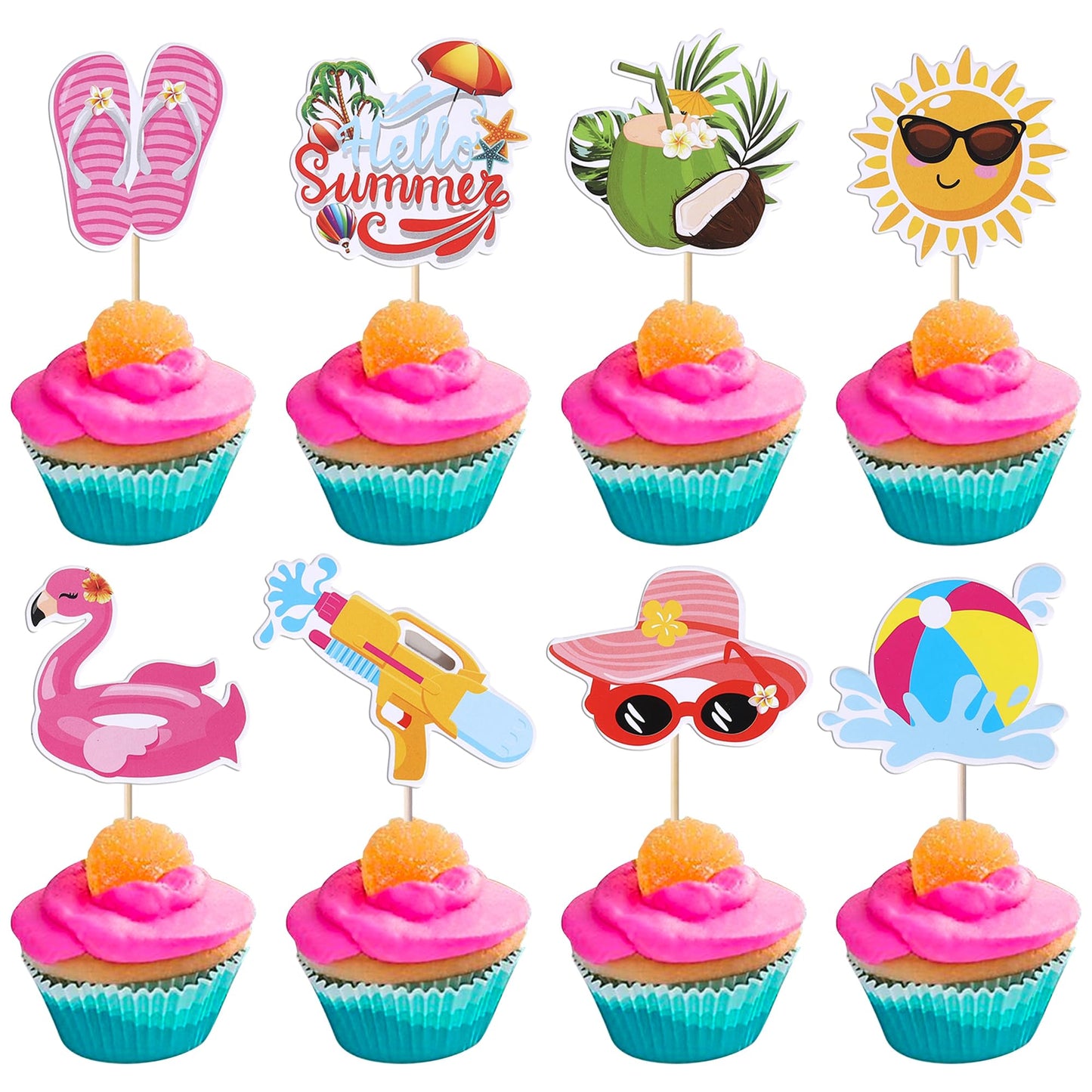 Rsstarxi 32 Pack Summer Beach Cupcake Toppers With Ball Sun Umbrella Water Gun Slippers Cupcake Picks Hello Summer Hawaiian Cake Decorations For Baby Shower Hawaiian Summer Pool Themed Party Decor