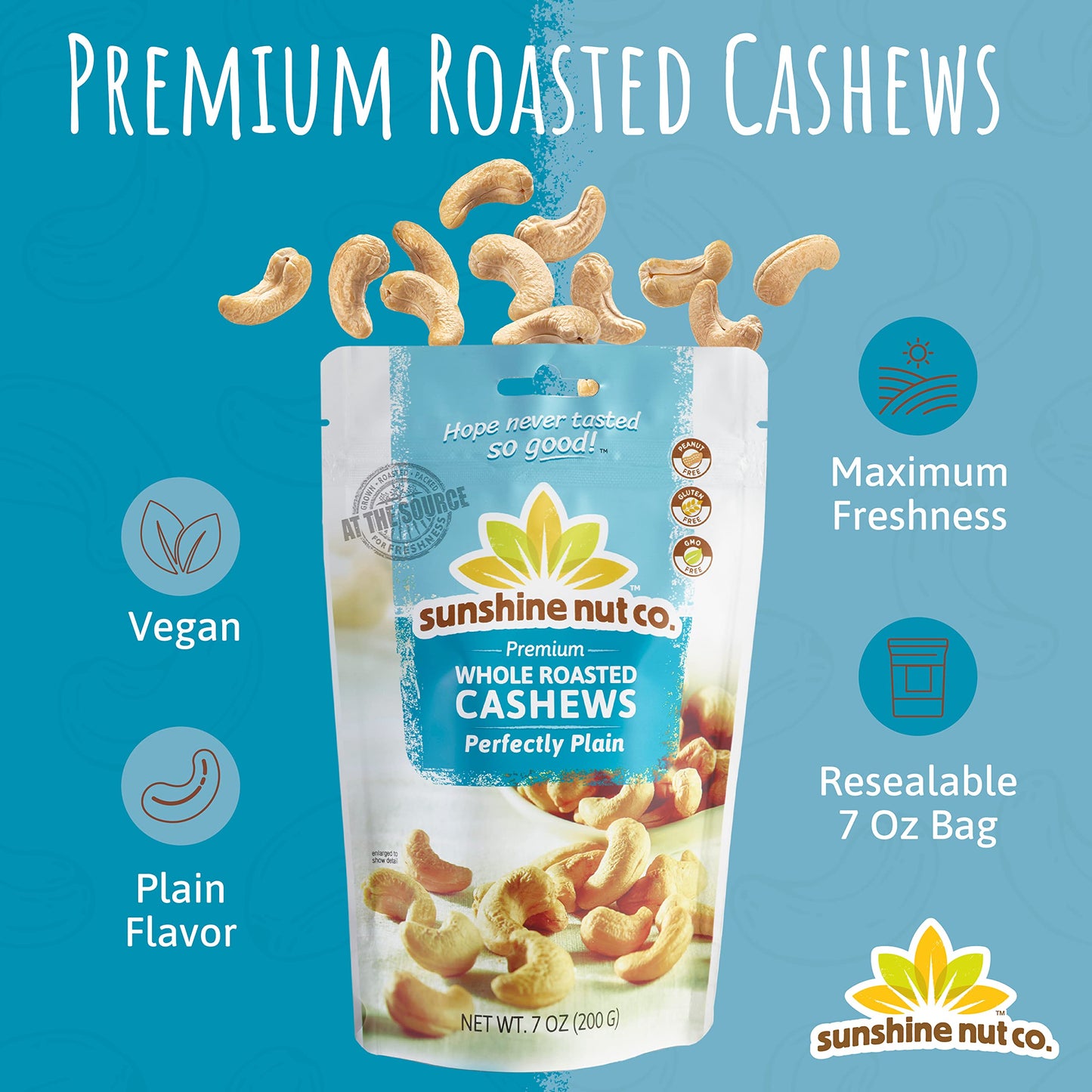 Sunshine Nut Co. Whole Roasted Cashews, Perfectly Plain Flavor, No Added Salt, 4 Pack, 7 Oz. Each, Gluten Free, Peanut Free And Vegan Individual Snack Packs For Kids And Adults, Gmo Free