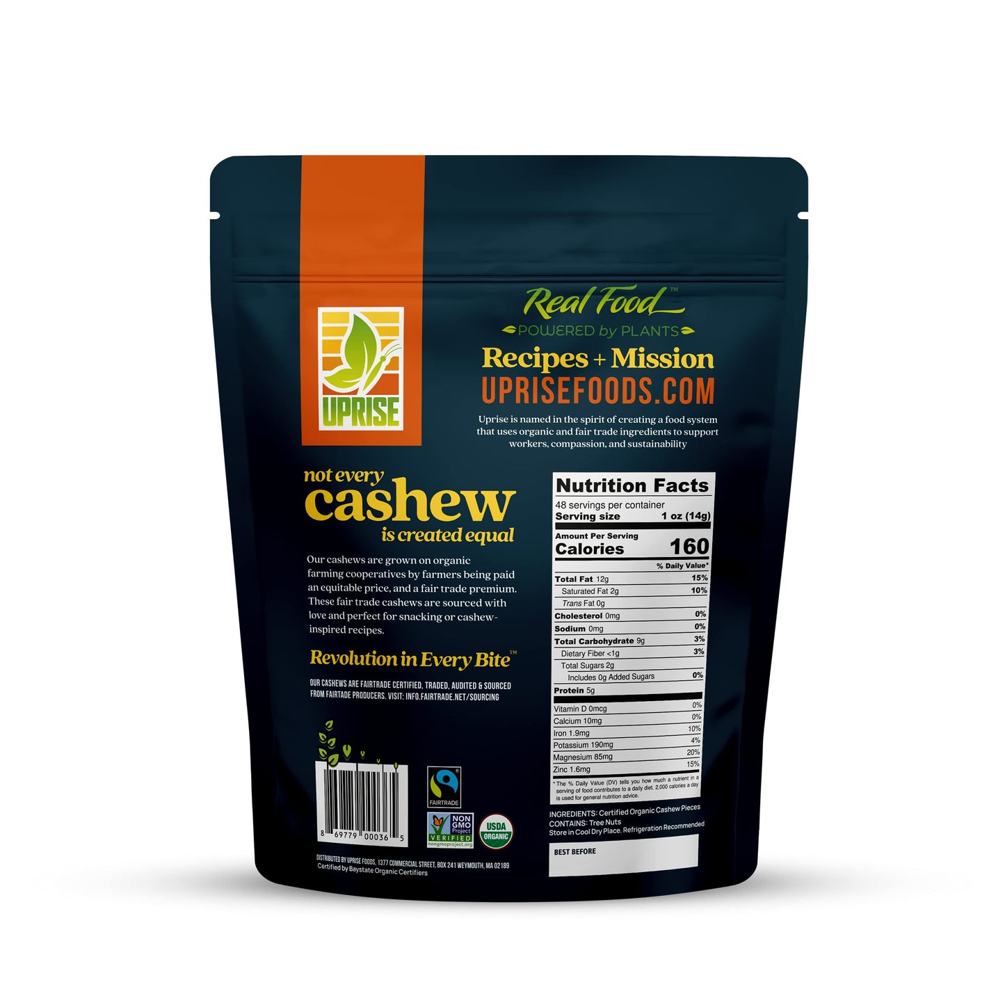 Fair Trade Organic Raw Cashews W320 (3 Lb) - Premium Whole Nuts For Snacking & Cooking, Ethically Sourced, Certified Sustainable