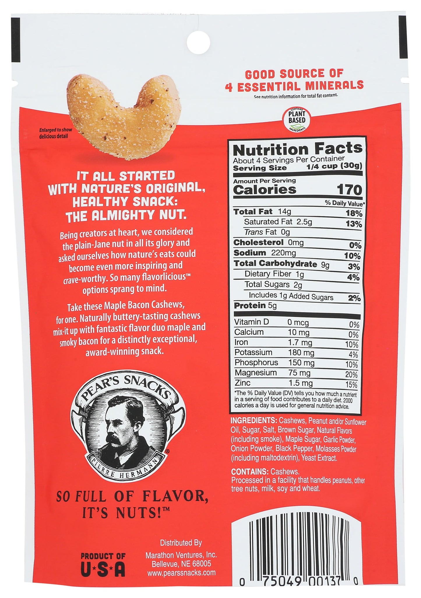 Pear'S Snacks Maple Bacon Cashews, 4 Oz