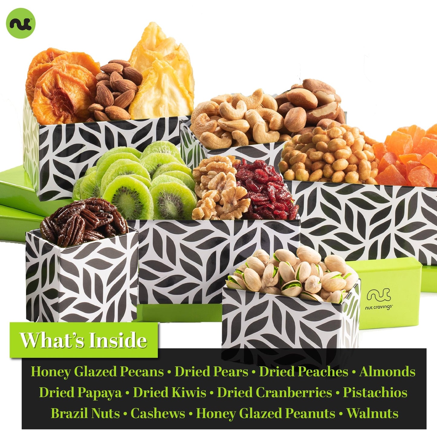 Nut Cravings Gourmet Collection - Rosh Hashana & Shana Tova Dried Fruit & Mixed Nuts Gift Basket Leaf Tower + Ribbon (12 Assortm