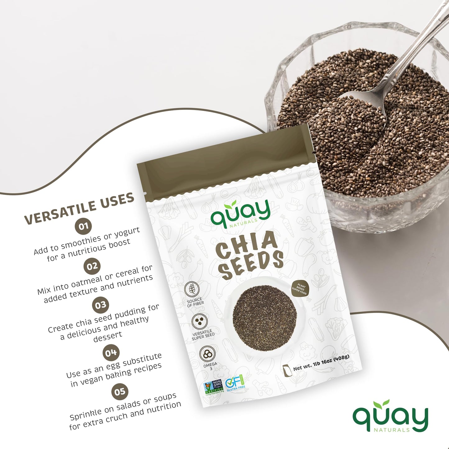 Quay Naturals Organic Chia Seeds, 2lb, Non-GMO, Gluten Free, High Fiber, Black Chia Seeds Organic
