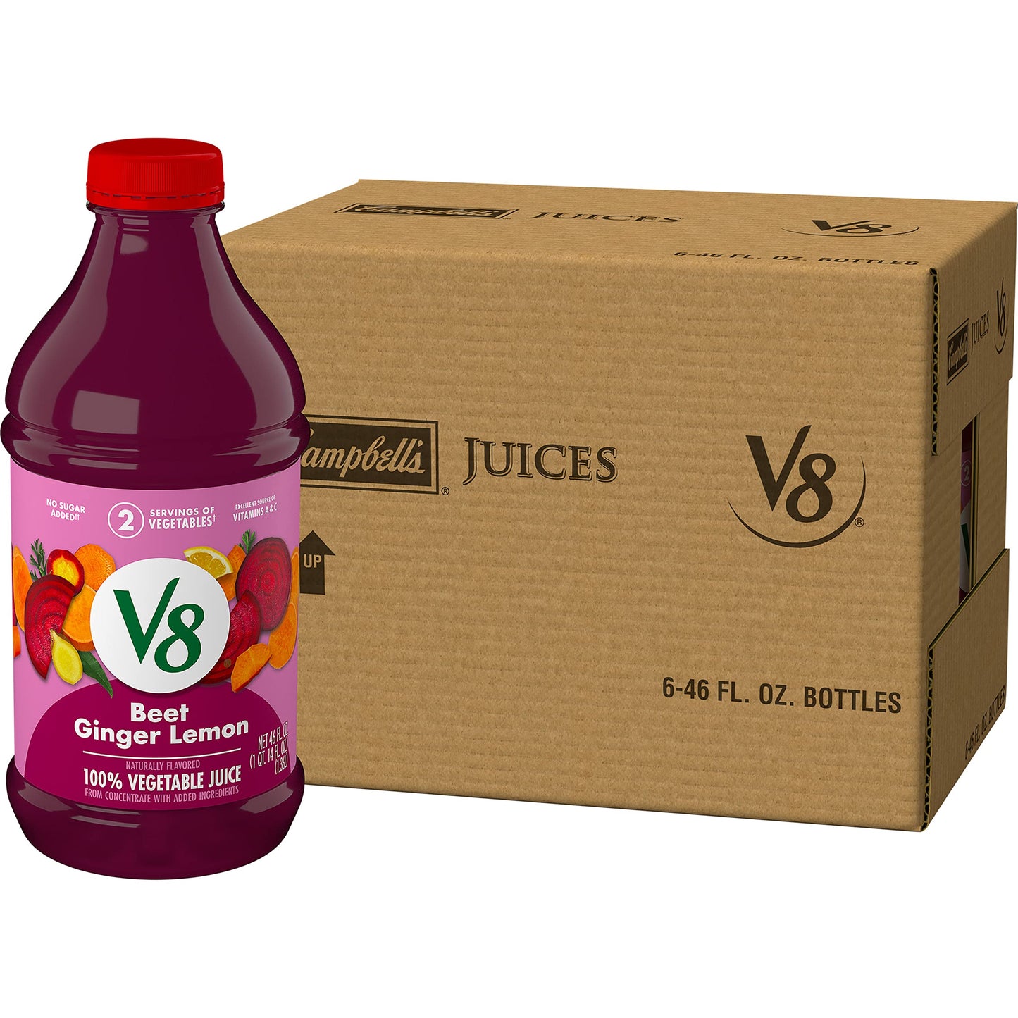 V8 Beet Ginger Lemon 100% Vegetable Juice, Naturally Flavored Vegetable Juice From Concentrate, 46 Fl Oz Bottle (Pack Of 6)