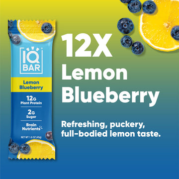 IQBAR Brain and Body Plant Protein Bars - Lemon Blueberry - 12-Count Low Carb - Gluten Free, High Fiber, Vegan Snacks - Low Suga