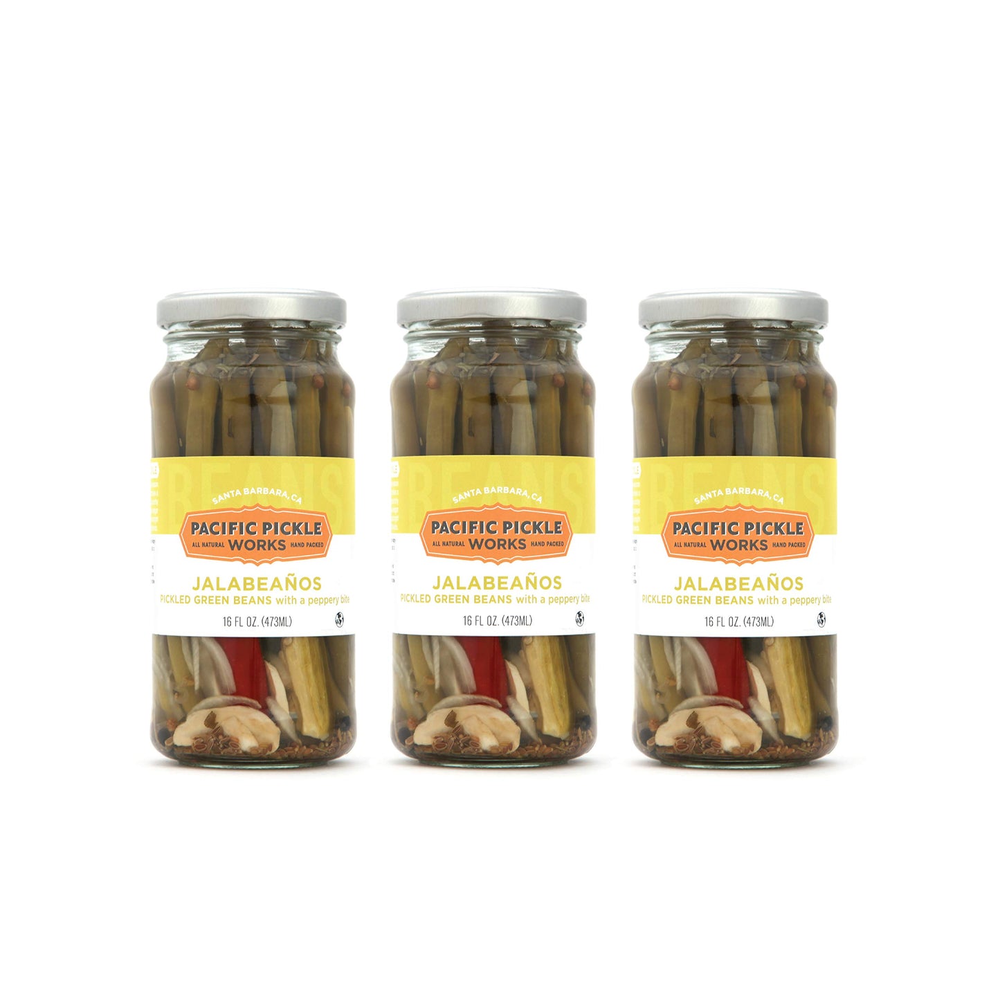 Jalabeaños - Pickled Green Beans With Jalapeño And Garlic - Spicy Dill Pickle Beans For Cocktails, Snacking - Non-Gmo, Kosher, Gluten-Free 16Oz (3-Pack)