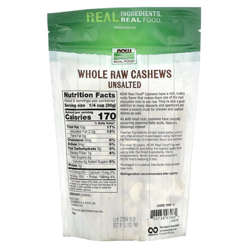 NOW Foods, Whole Cashews, Raw and Unsalted, Source of Fiber, Protein, Iron and Essential Fatty Acids, 10-Ounce (Packaging May Va