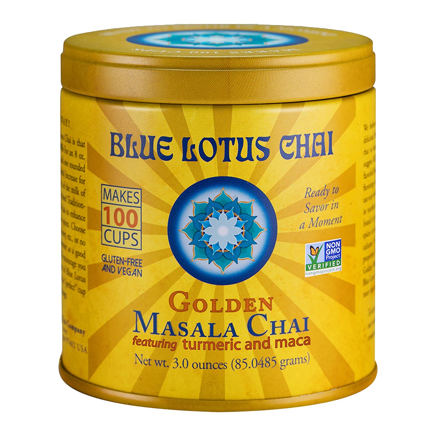 Blue Lotus Chai - Golden Masala Flavor Chai - Makes 100 Cups - 3 Ounce Masala Spiced Chai Powder with Organic Spices - Instant I