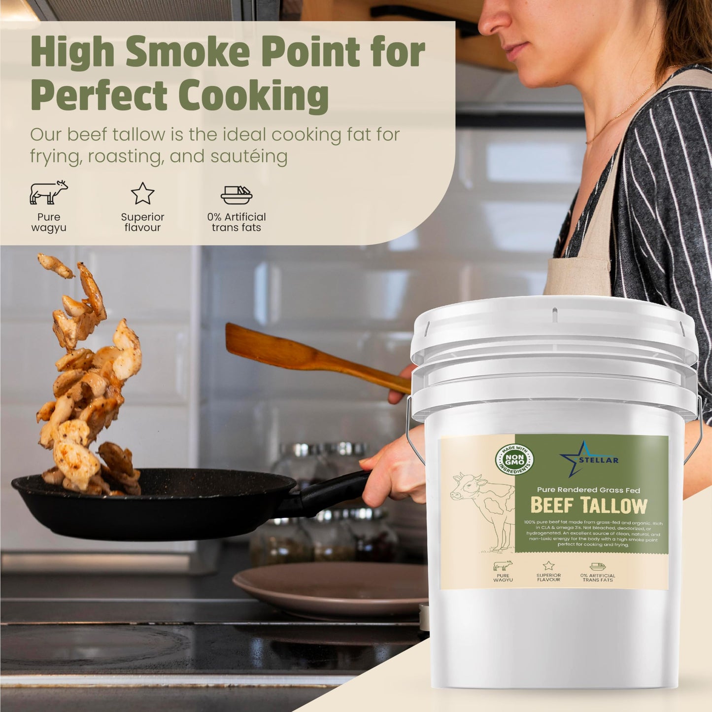 STELLAR CHEMICAL CORP Beef Tallow - 100% Grass-Fed - Cooking, Baking, Frying - 32 Ounce (2 LBS) - Food Grade