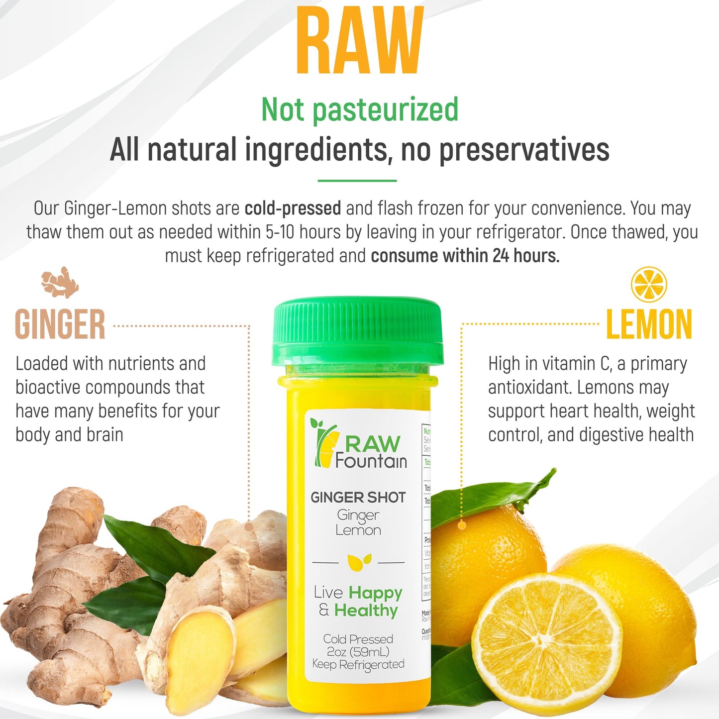 20 Ginger Shots With Lemon 2Fl Oz, Vitamin C, Raw And Cold Pressed, Unpasteurized, Boosts Immunity, All Natural, No Artificial F