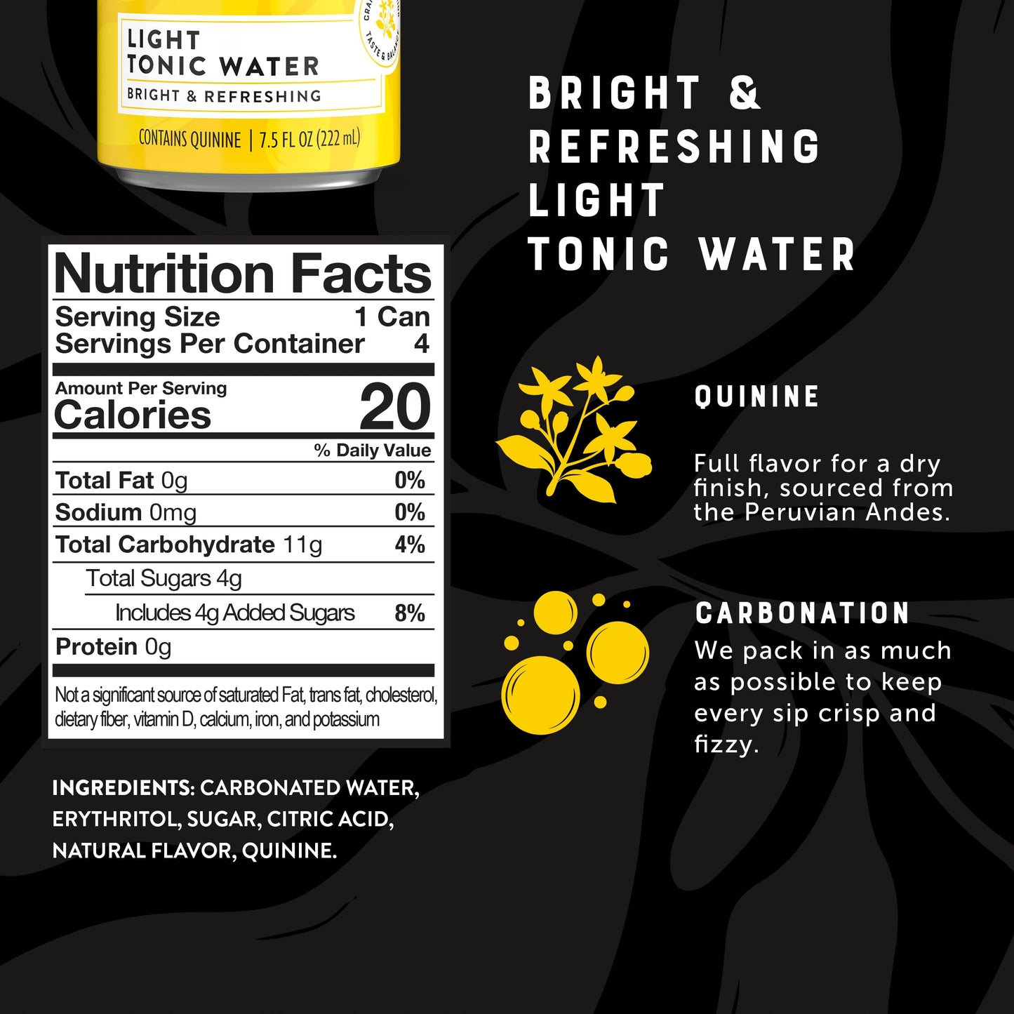 Q MIXERS Light Tonic Water, 7.5 Fl Oz (Pack of 24), Carbonated, Less Sweet, with Real Quinine & Organic Agave