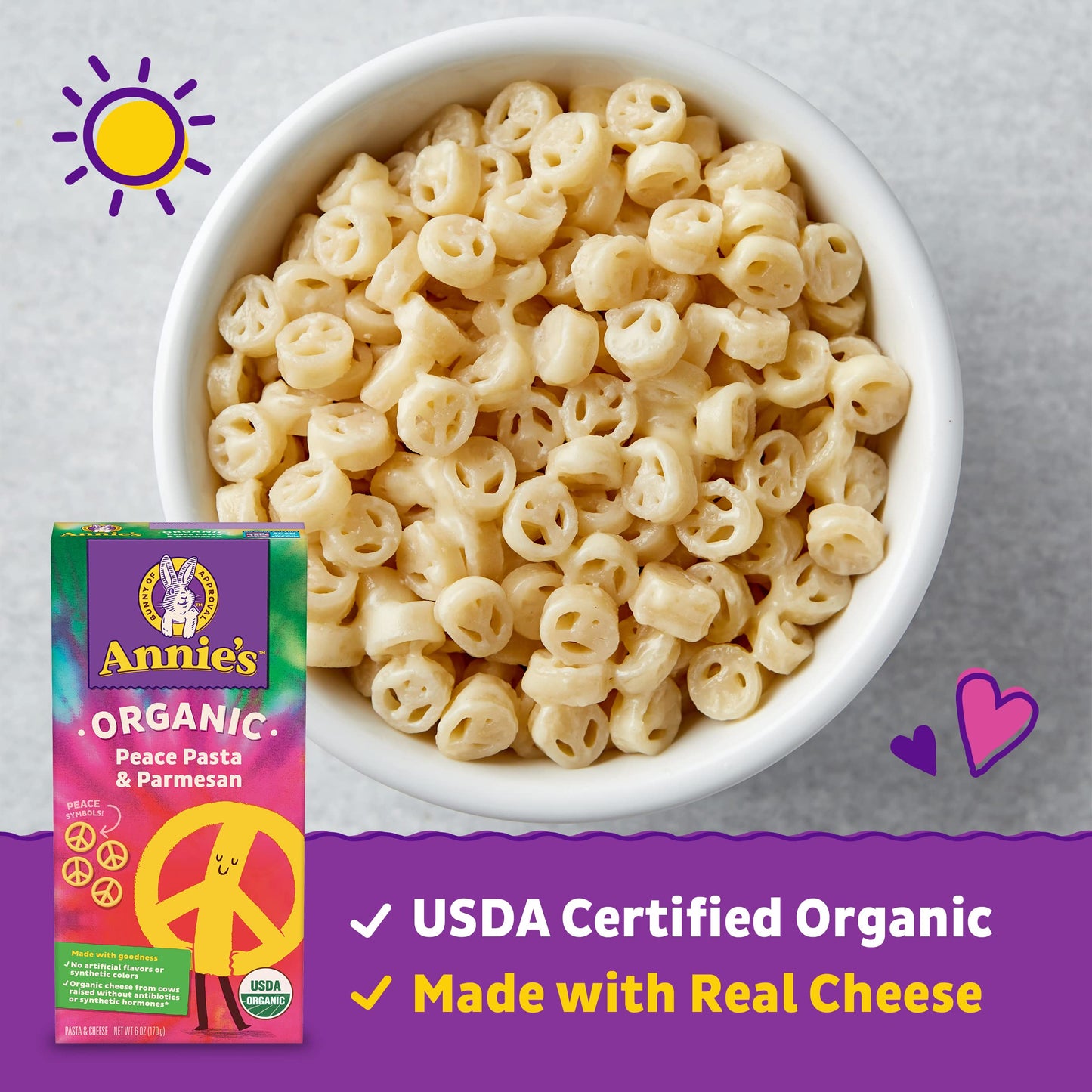 Annie 's Organic Macaroni and Cheese Dinner, Peace Pasta & Parmesan, 6 oz. (Pack of 12)