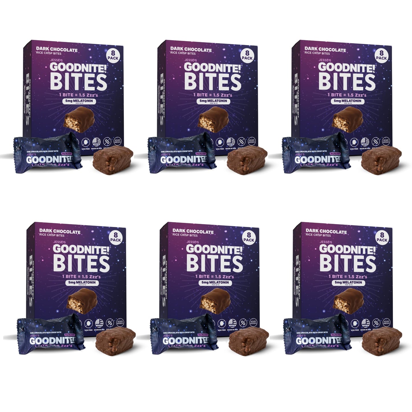 GOODNITE! Chocolate Protein Bites Value Pack - 6 Dark Chocolate Cartons (48 Bites) with 5mg Melatonin & L-Theanine, Vegan, Glute