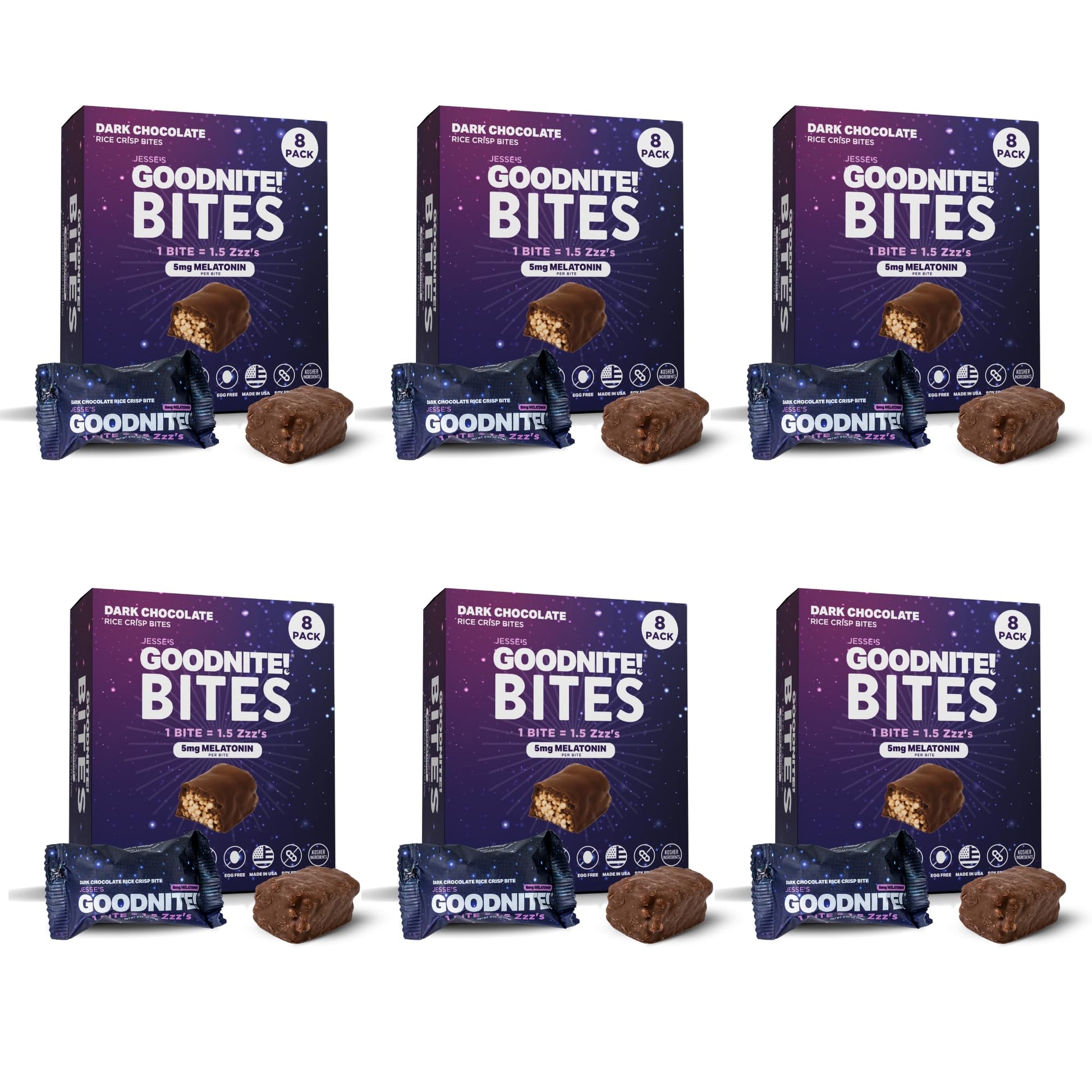 GOODNITE! Chocolate Protein Bites Value Pack - 6 Dark Chocolate Cartons (48 Bites) with 5mg Melatonin & L-Theanine, Vegan, Glute