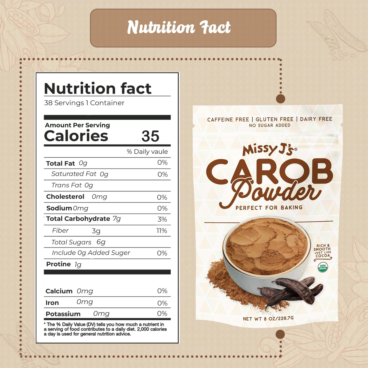 Missy Js Organic Roasted Carob Powder, Vegan, Gluten-Free, 8 Ounce, 3 Pack