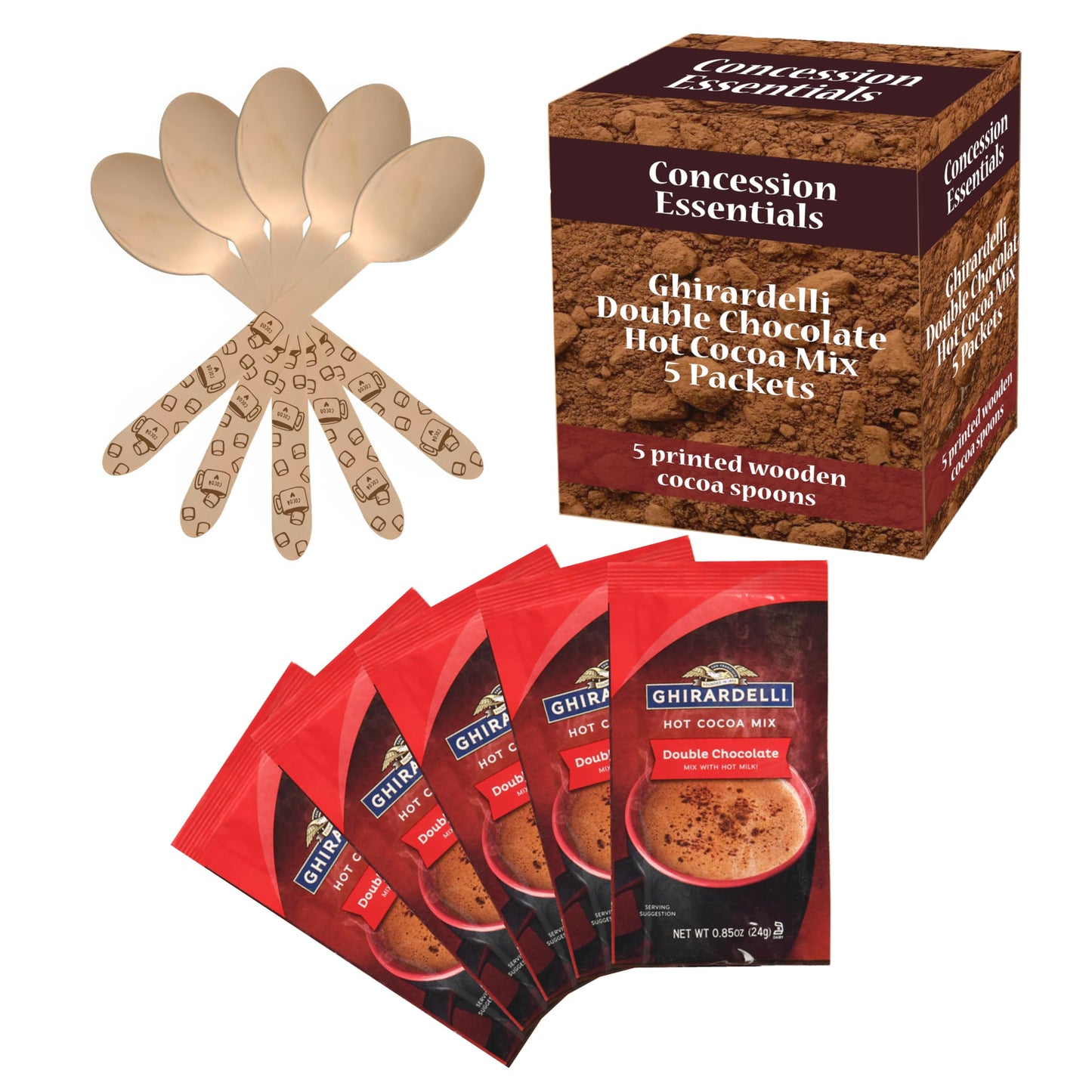 Concession Essentials Ghirardelli Double Chocolate Hot Cocoa Mix Packets 5 Pack With Printed Wooden Spoons