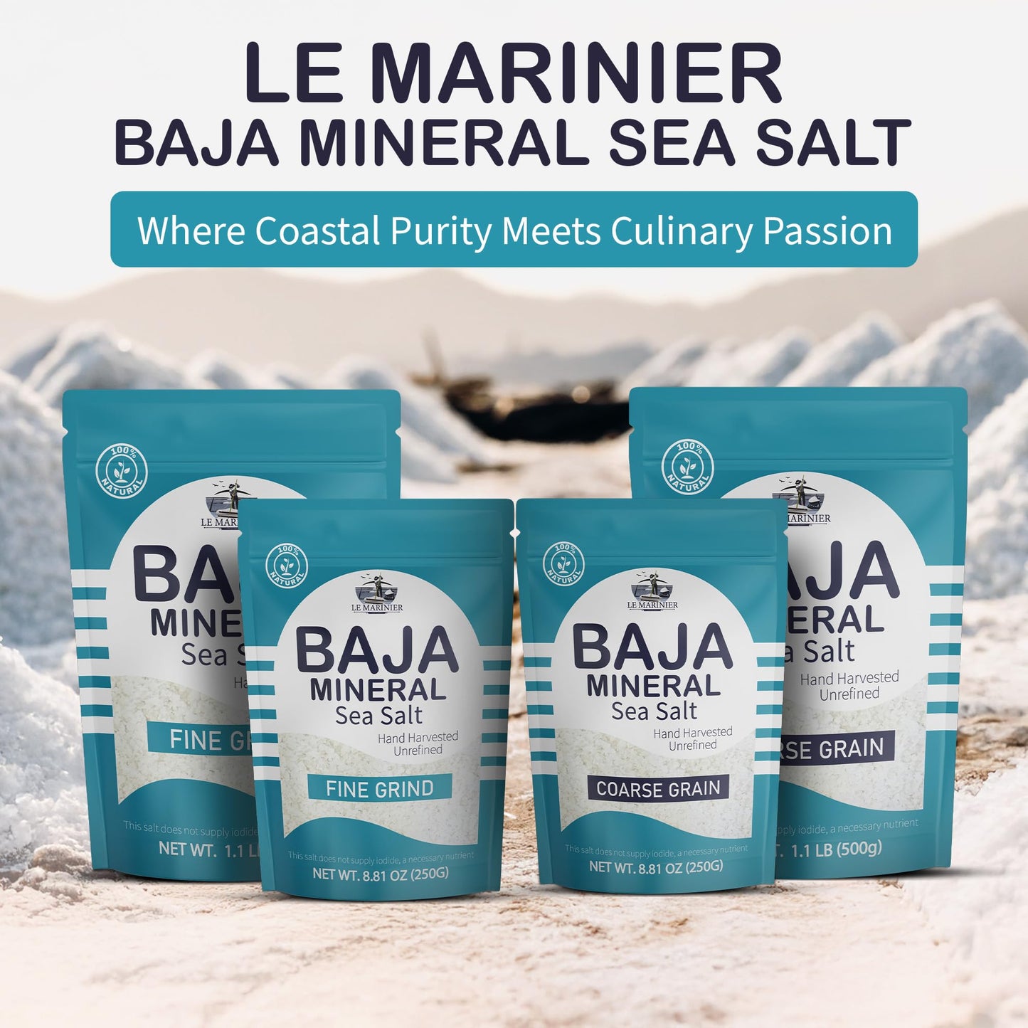 Le Marinier Baja Mineral Sea Salt Coarse Grain, 1.1Lb - 18Oz | 100% Natural And Unrefined | Authentic Baja Sea Salt, Mineral Rich, Hand Harvested (1.1Lb Coarse Grain Baja Salt)