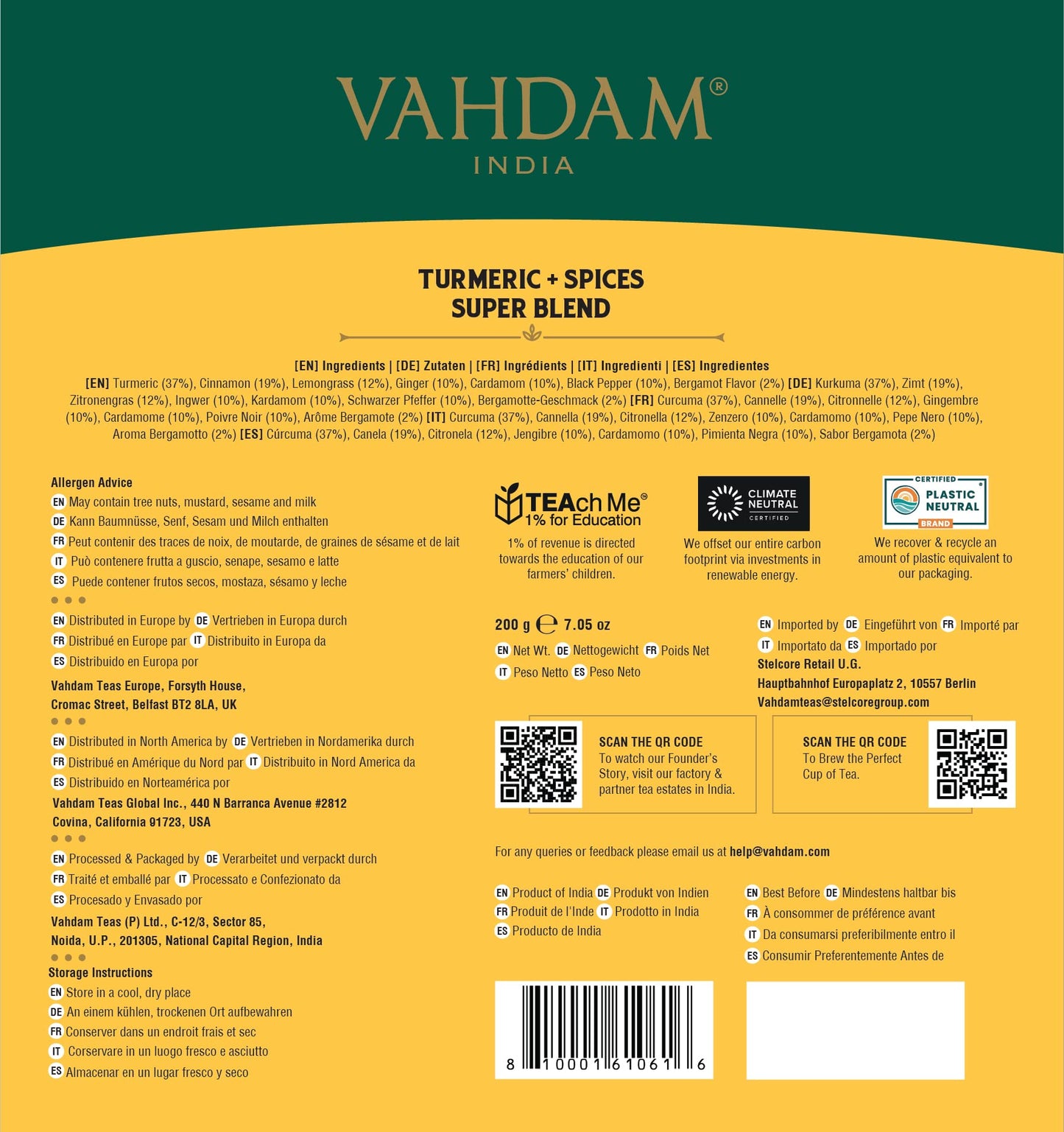 Vahdam, Turmeric Spice Herbal Tea Bags (100 Pyramid Tea Bags) | Caffeine Free, Non Gmo & Gluten Free | Turmeric Ginger Tisane With Cardamom, Cinnamon, Lemongrass & Black Pepper