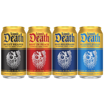Liquid Death, Dead Billionaire, Rest In Peach, Sweet Reaper, And Blueberry Buzzsaw, Iced Tea Variety Pack, 12-Pack (12 Oz Cans),