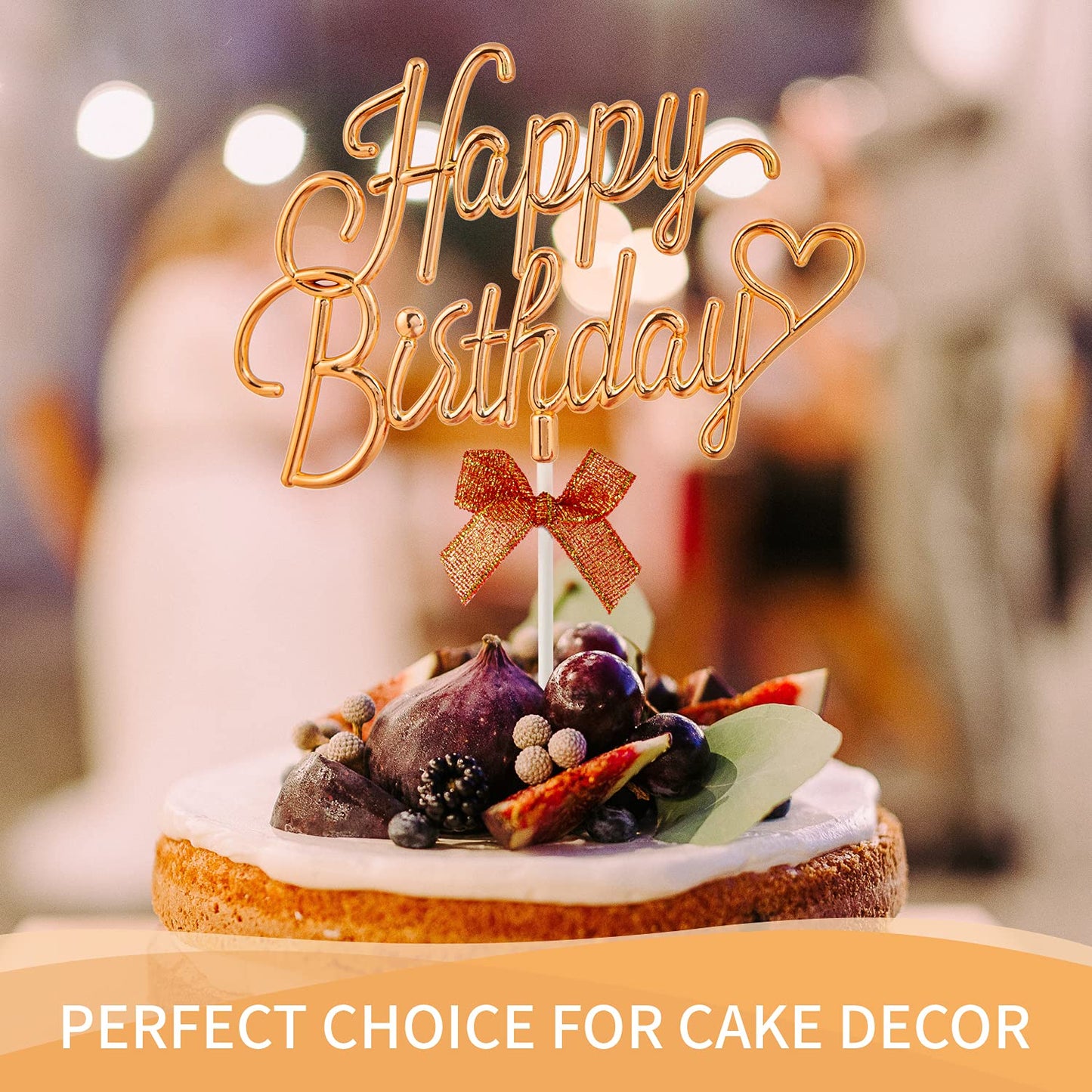 Gold Happy Birthday Cake Topper Plastic - 3D Double Sided Cursive Happy Birthday Sign For Cake With Bow, Idea For Birthday Cake