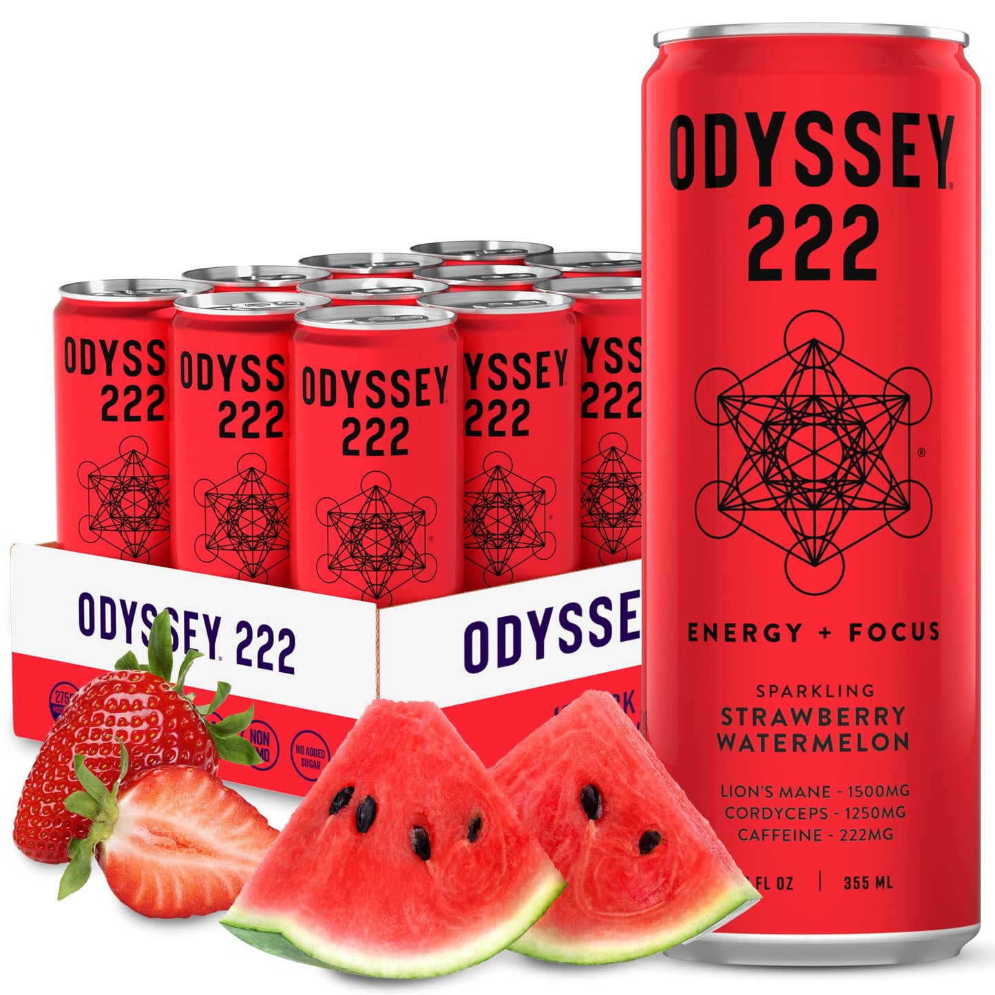 Odyssey Elixir - Odyssey 222 - Sparkling Energy Drink - 222 Mg Of Energy Blend - LionS Mane & Cordyceps - Energy & Focus - Endurance & Stamina - Nootropic - Pre Workout - Strawberry Watermelon