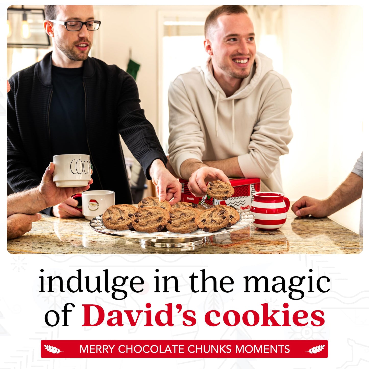Davids Cookies Gourmet Chocolate Chunk Cookies in Merry Christmas Tin - 1lb, All Natural, No Preservatives, Handmade Gift Basket