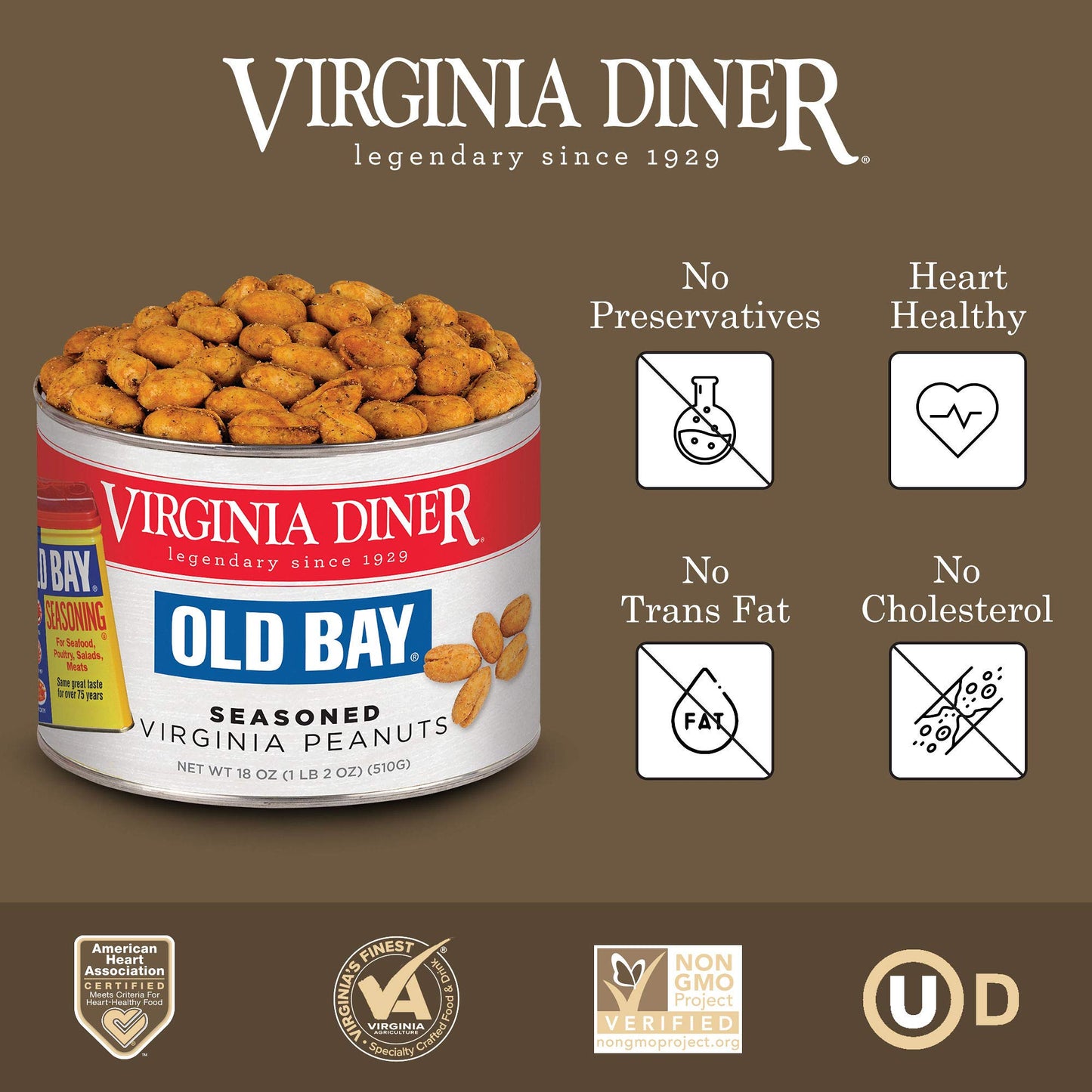 Virginia Diner Old Bay Seasoned Virginia Peanuts - Non-Gmo, Preservative Free Spicy Old Bay Nuts From Virginia Since 1929-18 Oz Can