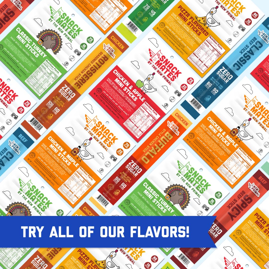 Snack Mates by New Primal Sampler Three Flavor Pack, Mini Chicken Sticks, High Protein and Low Sugar Kids Snack, Certified Glute