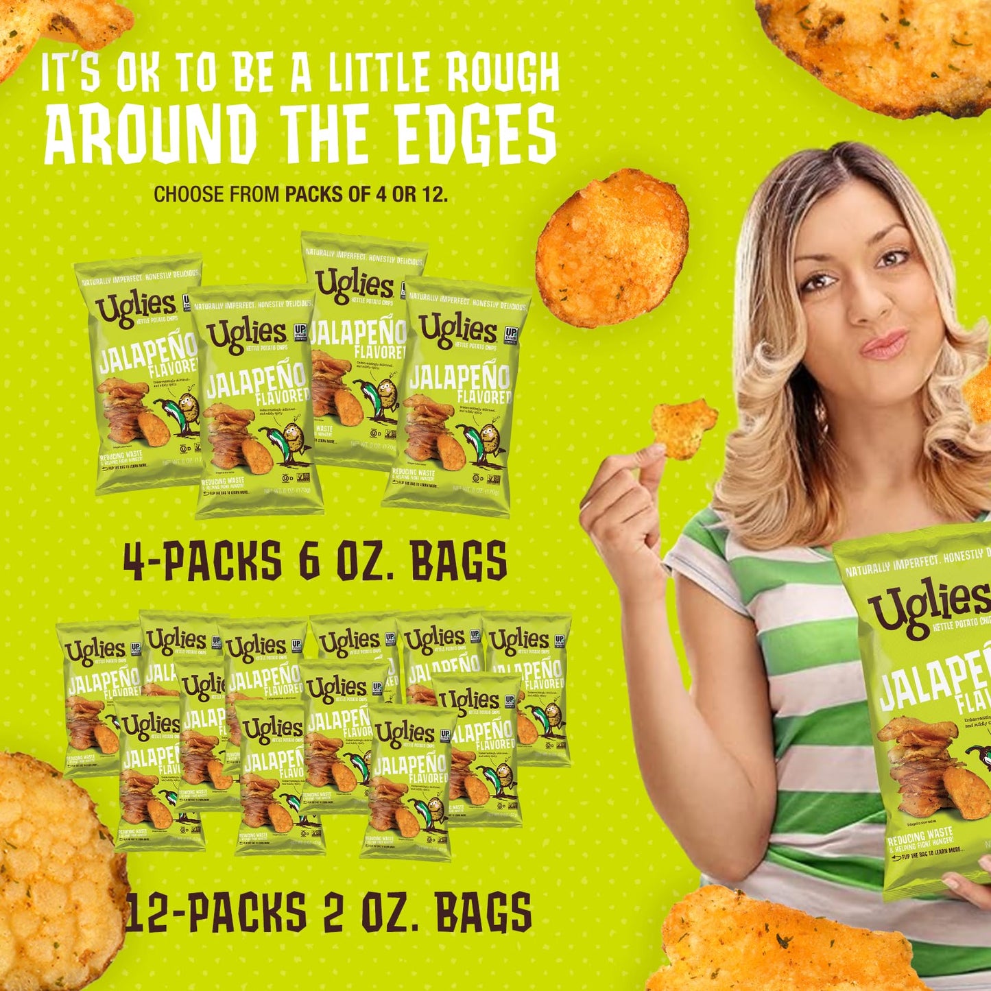 Uglies Kettle Cooked Jalapeño Potato Chips - Gluten Free, Kosher, Non-GMO - 6oz Bags, 4 Pack