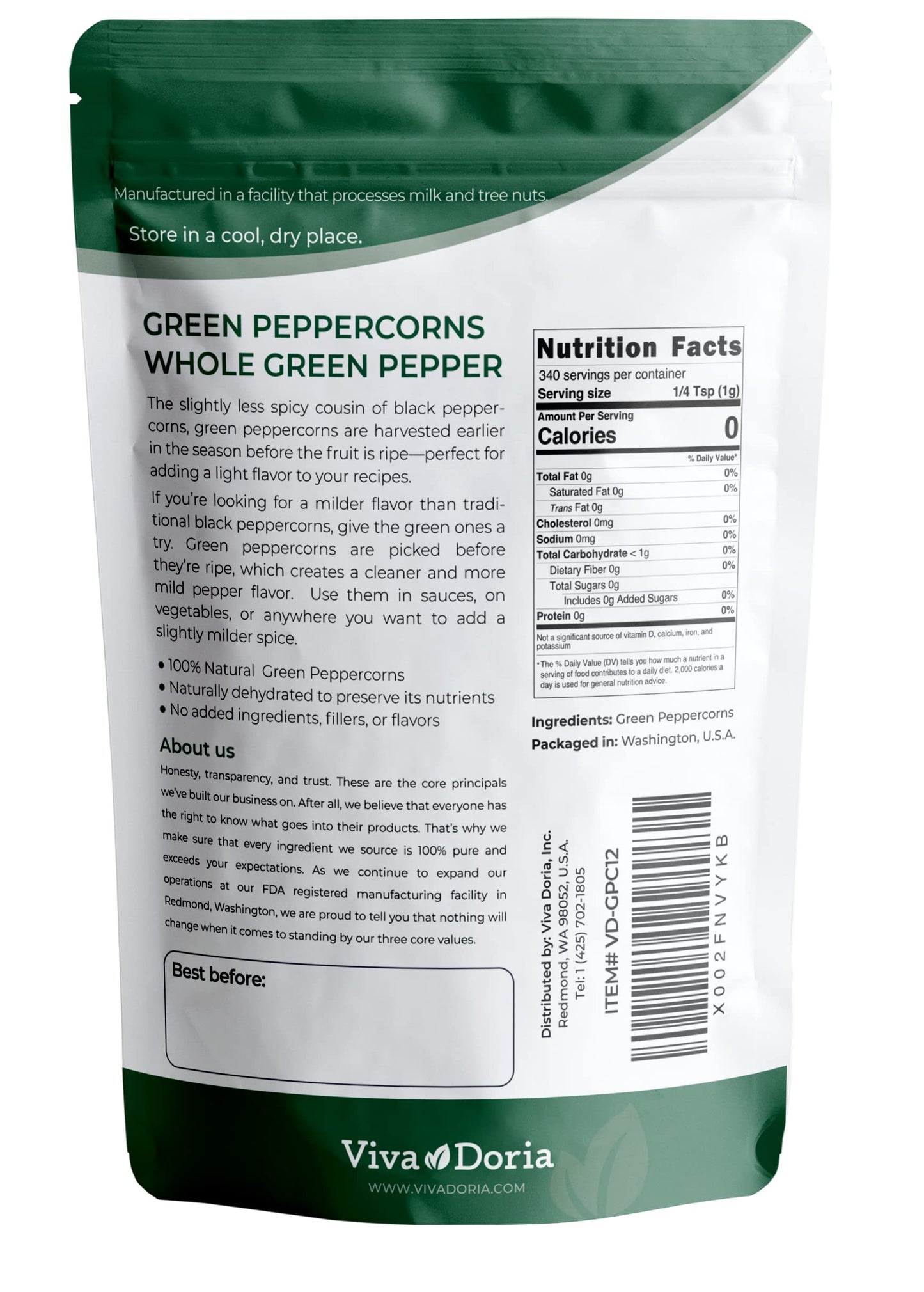 Viva Doria Green Peppercorns, Whole Green Pepper, Steam Sterilized,12 Oz, For Grinder Refills