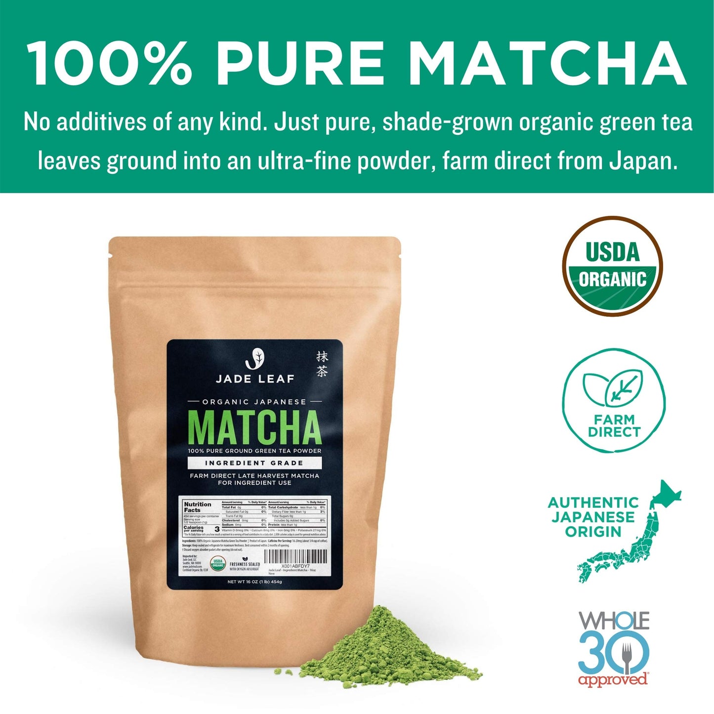 Jade Leaf Matcha Organic Green Tea Powder Ingredient Grade Farm Direct Late Harvest - Authentically Japanese (1 Pound Pouch)