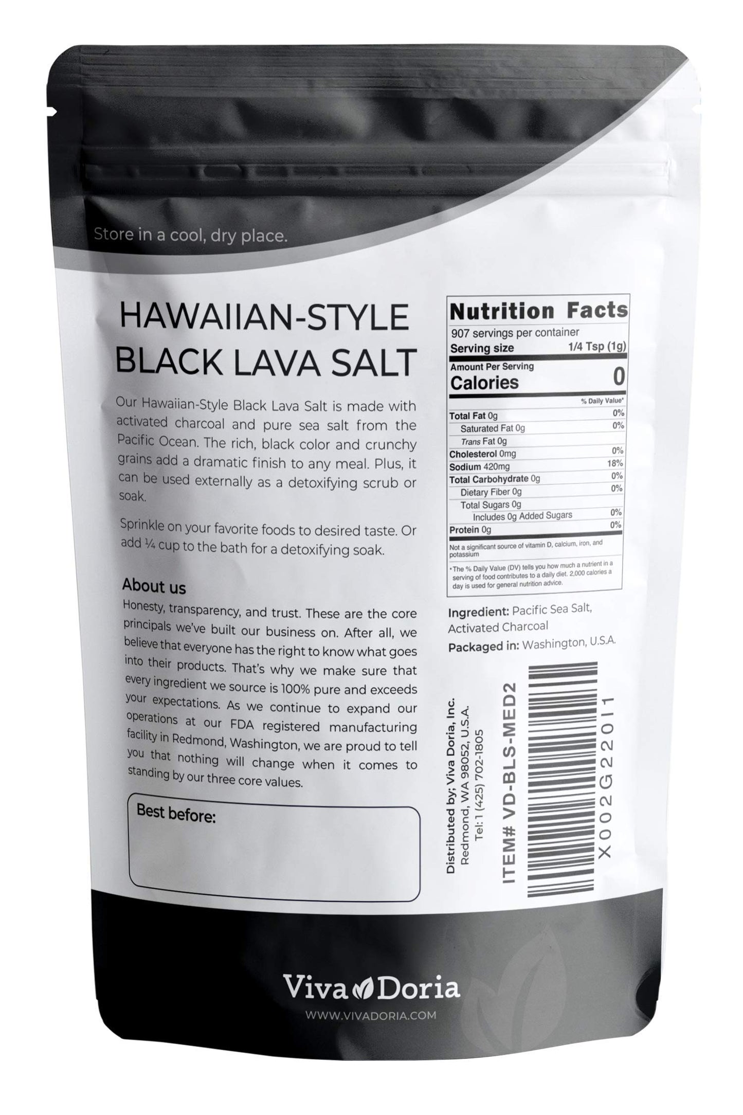 Viva Doria Hawaiian Black Lava Sea Salt Lava Salt (2 Pound Medium grain)