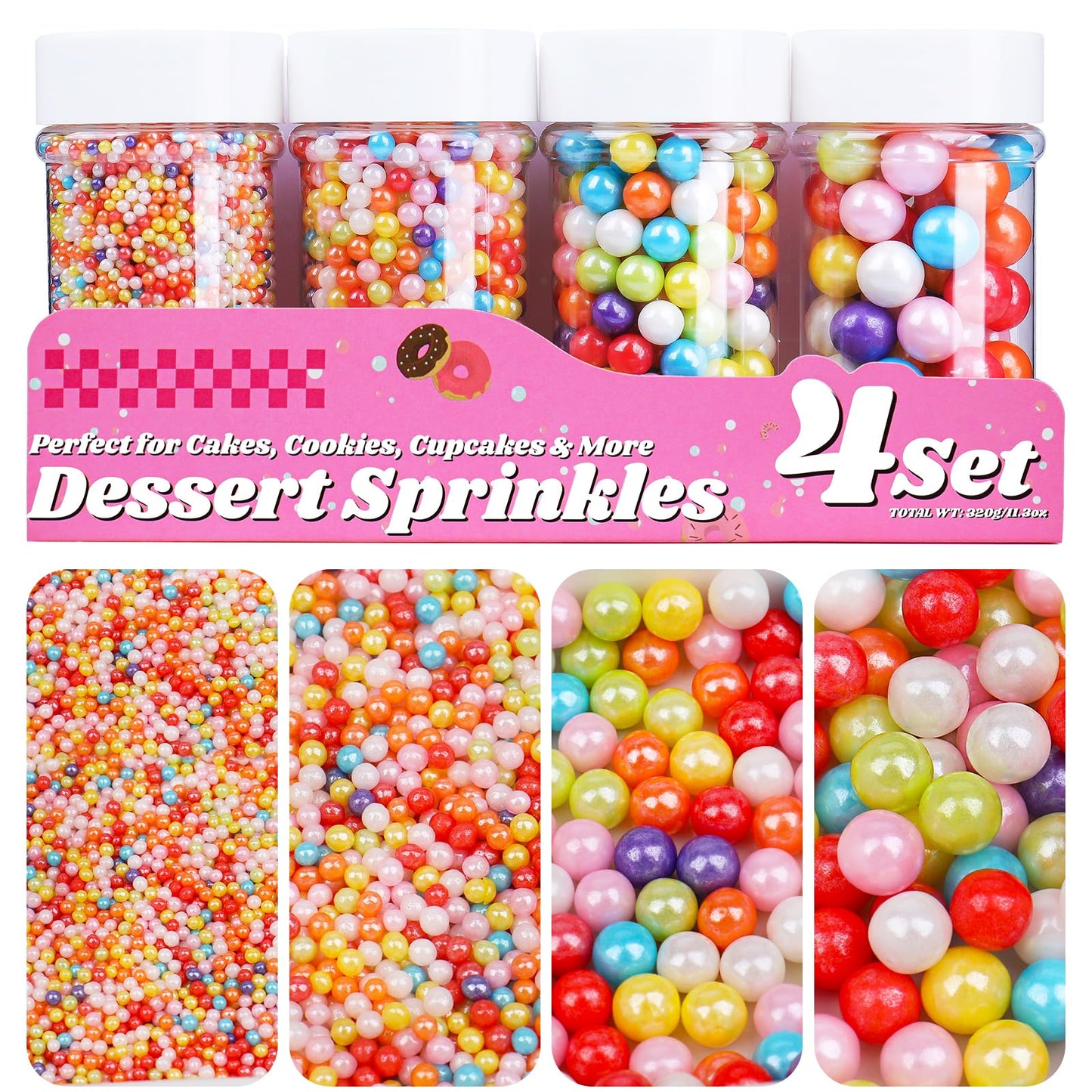 Rainbow Sprinkles for Cake Decorating, 11.3 Oz Edible Pearls Sugar Large Capacity 4 Jars Set for Baking Cookie Ice Cream Cupcake