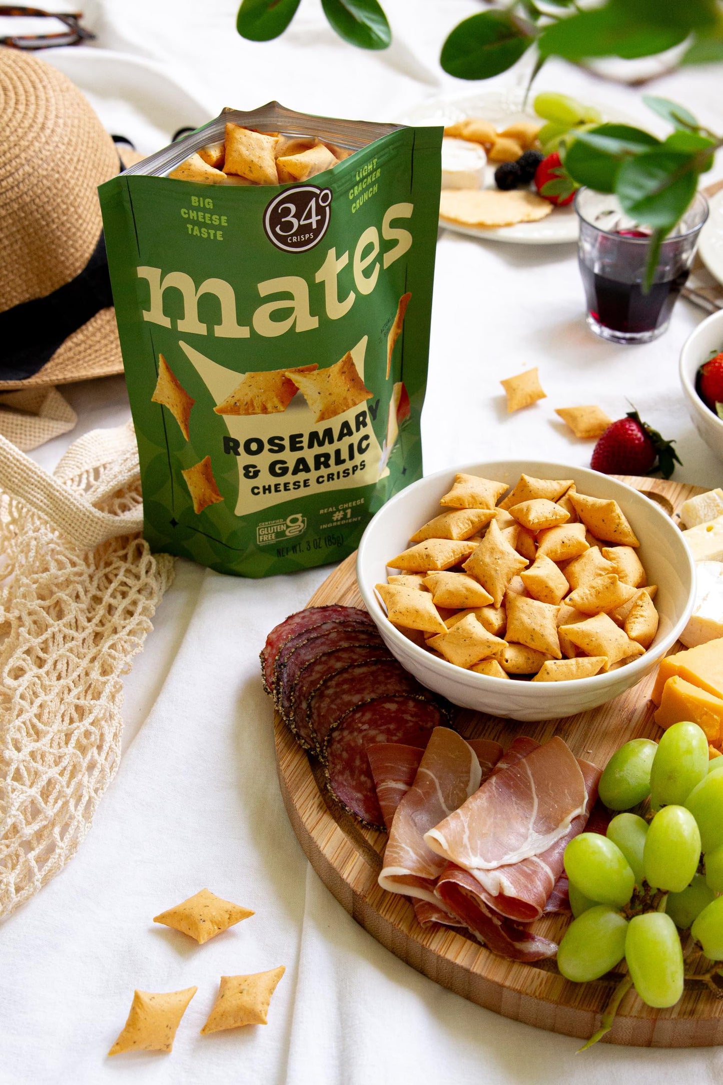34 Degrees Mates Rosemary Garlic Cheese Crisps - Light & Crispy Gouda Cheese Crackers | Gluten-Free, Low Calorie, Healthy Snack