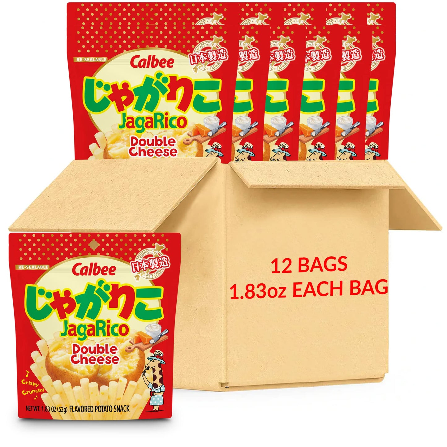 Calbee JagaRico (Double Cheese, 1.83 oz) | Seriously crunchy on the outside and crispy on the inside potato snack | (12 Pack)