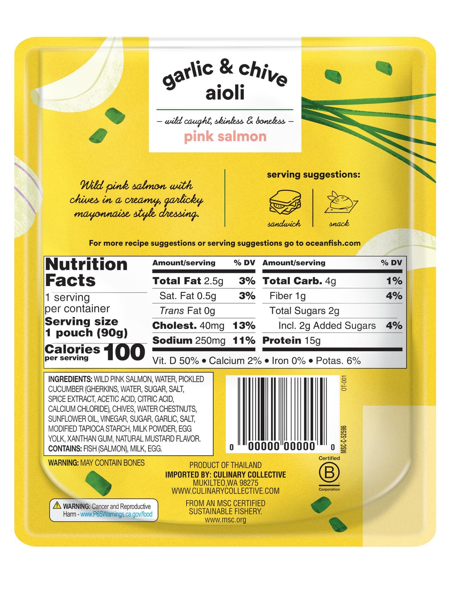 Ocean'S Garlic & Chive Aioli W/Pink Salmon | 3.17 Oz | Wild Caught | Skinless & Bonelss | Ready-To-Eat | (1 Pack, Garlic & Chive