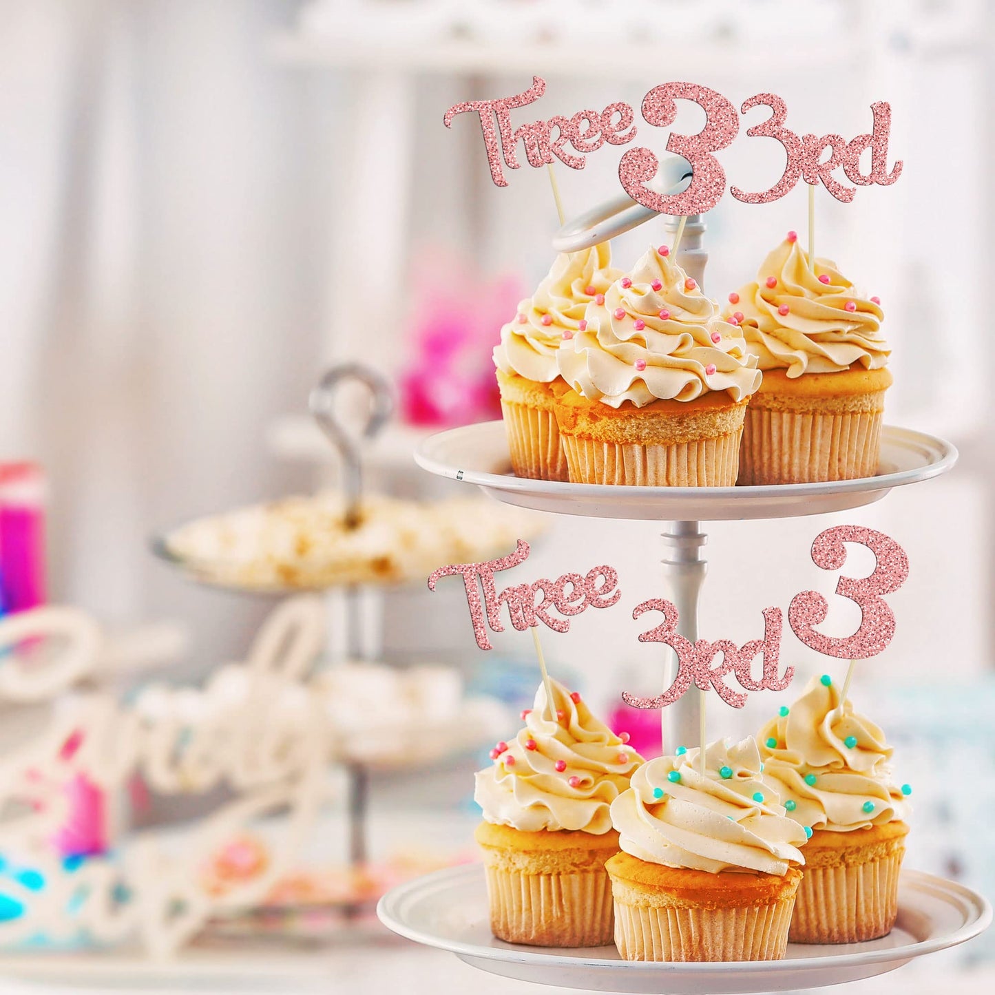 24 Pack Three Cupcake Toppers Glitter 3rd Birthday Cupcake Picks for Baby Shower Third Birthday Party Cake Decorations Supplies