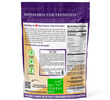 Mycerealmix Sugar Free Vanilla Almond Granola - 4 Pack (96Oz Total) - Vegan, Gluten Free - Blood Sugar Friendly Breakfast - Natu