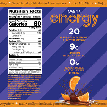 Perk Energy Original Chocolate Orange Flavored (20 Servings) - Gluten Free Soy Free and Peanut Free