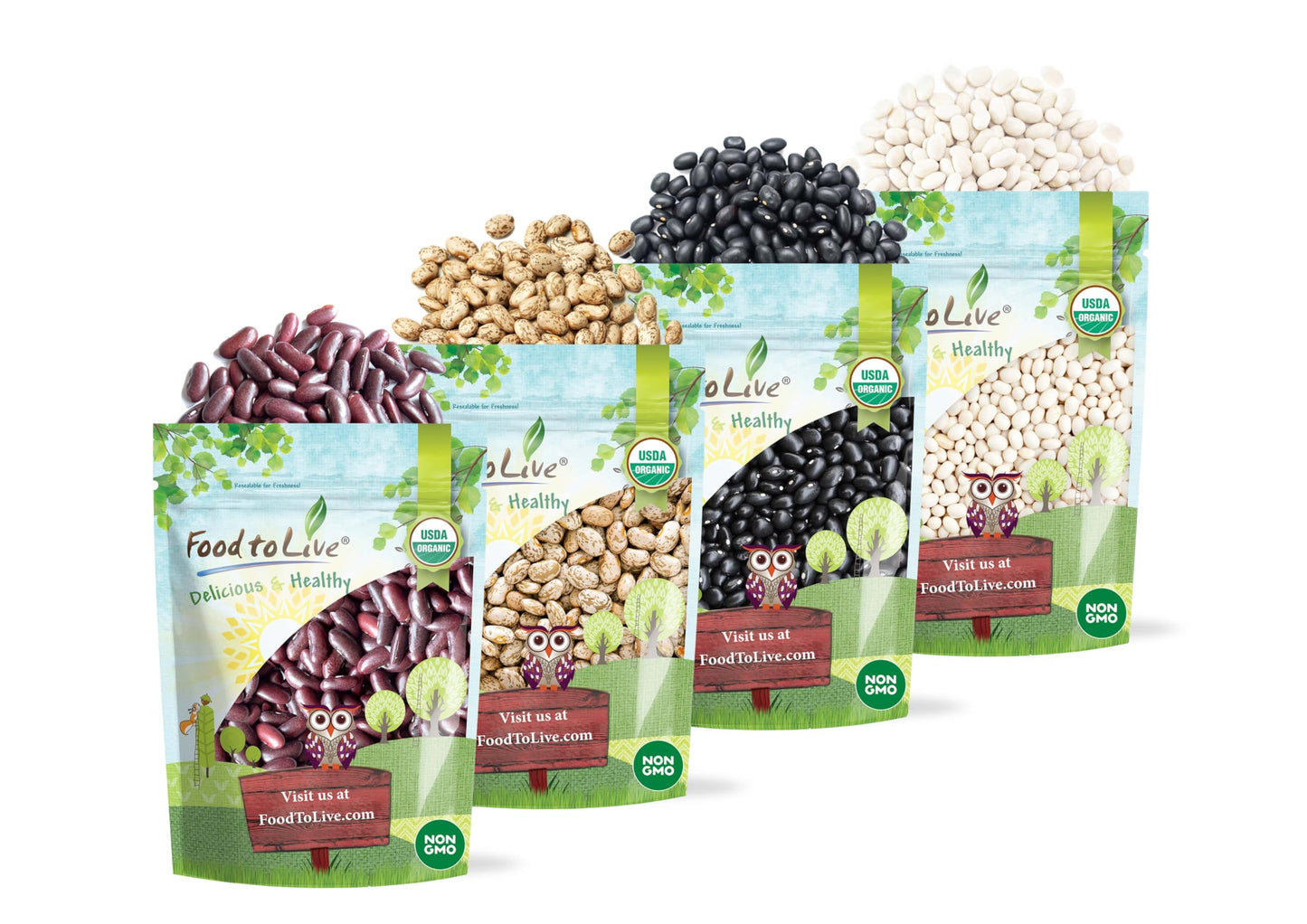 Food to Live Organic Dry Beans Bundle, 4 Pack - Black Beans (5 LB), Pinto Beans (5 LB), Navy Beans (5 LB), Dark Red Kidney Beans