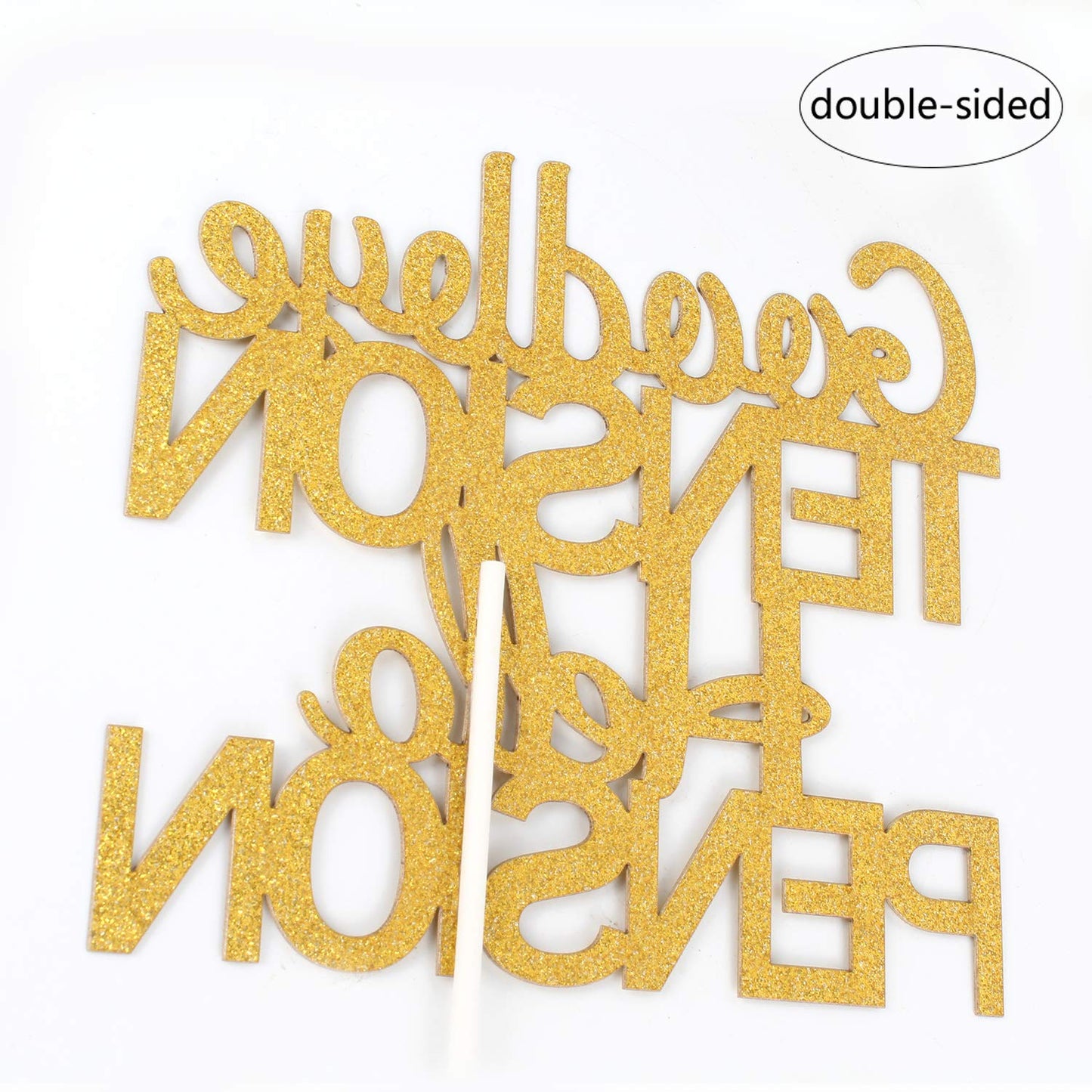 Goodbye Tension Hello Pension Cake Topper,Double Sided Gold Glitter Happy Retirement Party Decorations Leaving Party Sign